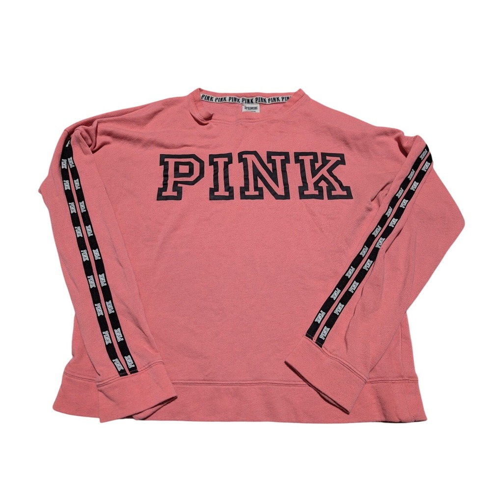 PINK Victoria's Secret Coral Logo Sweatshirt Crewneck Tape Sleeve Small